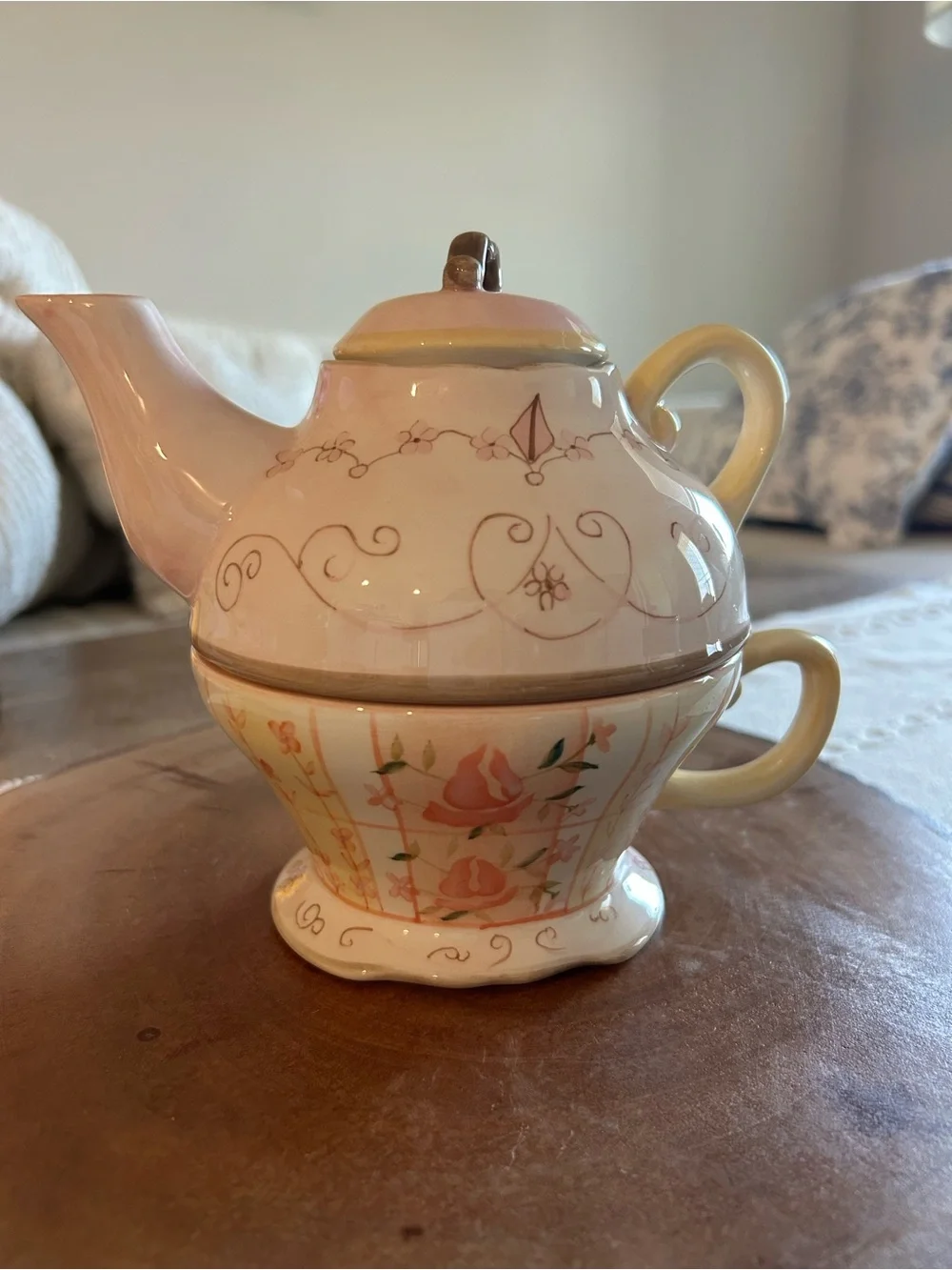 Vintage Fairy Pink Floral Porcelain Teapot and Cup Set With Handmade Design